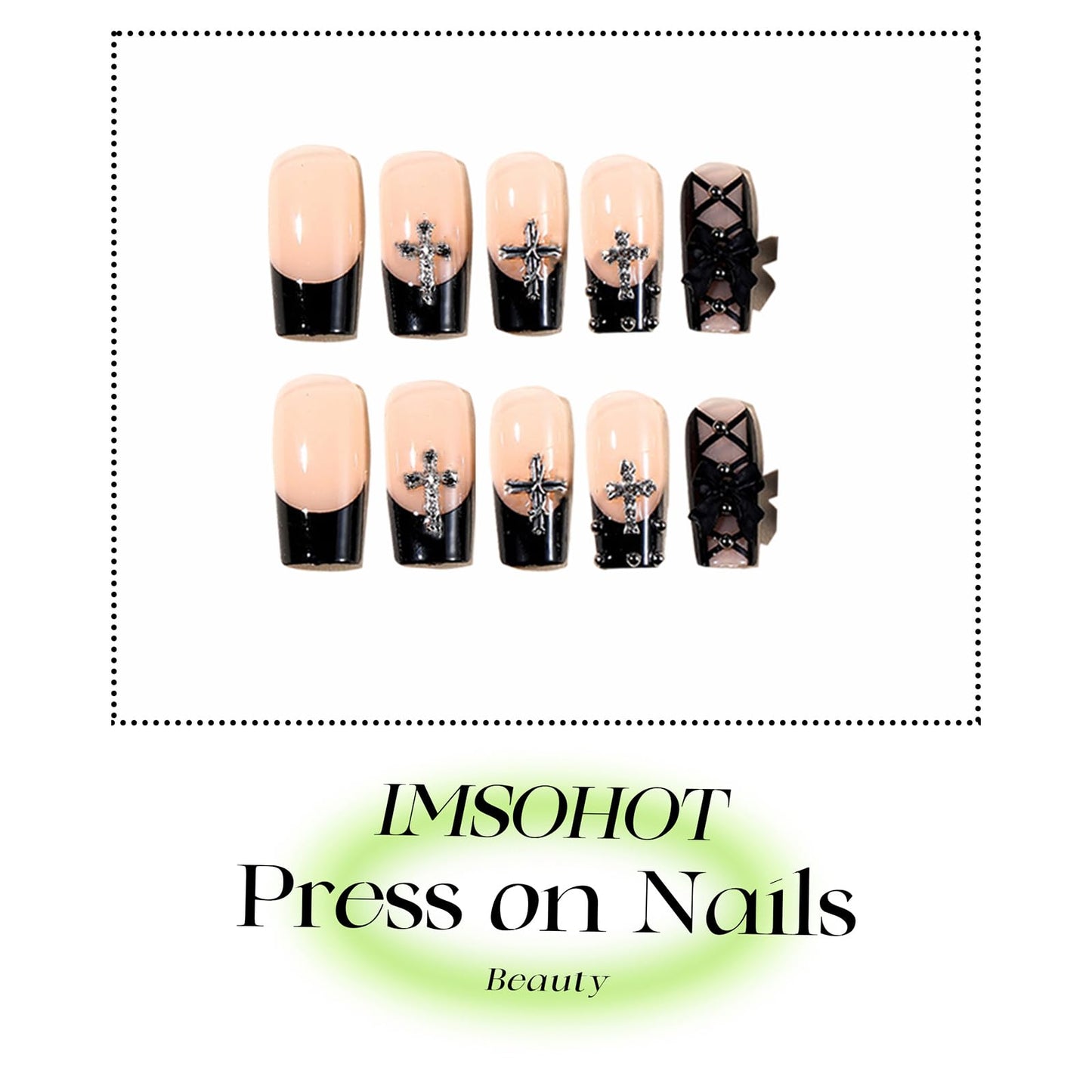 IMSOHOT Black French Press on Nails Long Square Fake Nails Acrylic Nude False Nails with Bow & Cross Design Full Cover Stick on Nails Glossy Glue on Manicure Kit for Women 24Pcs