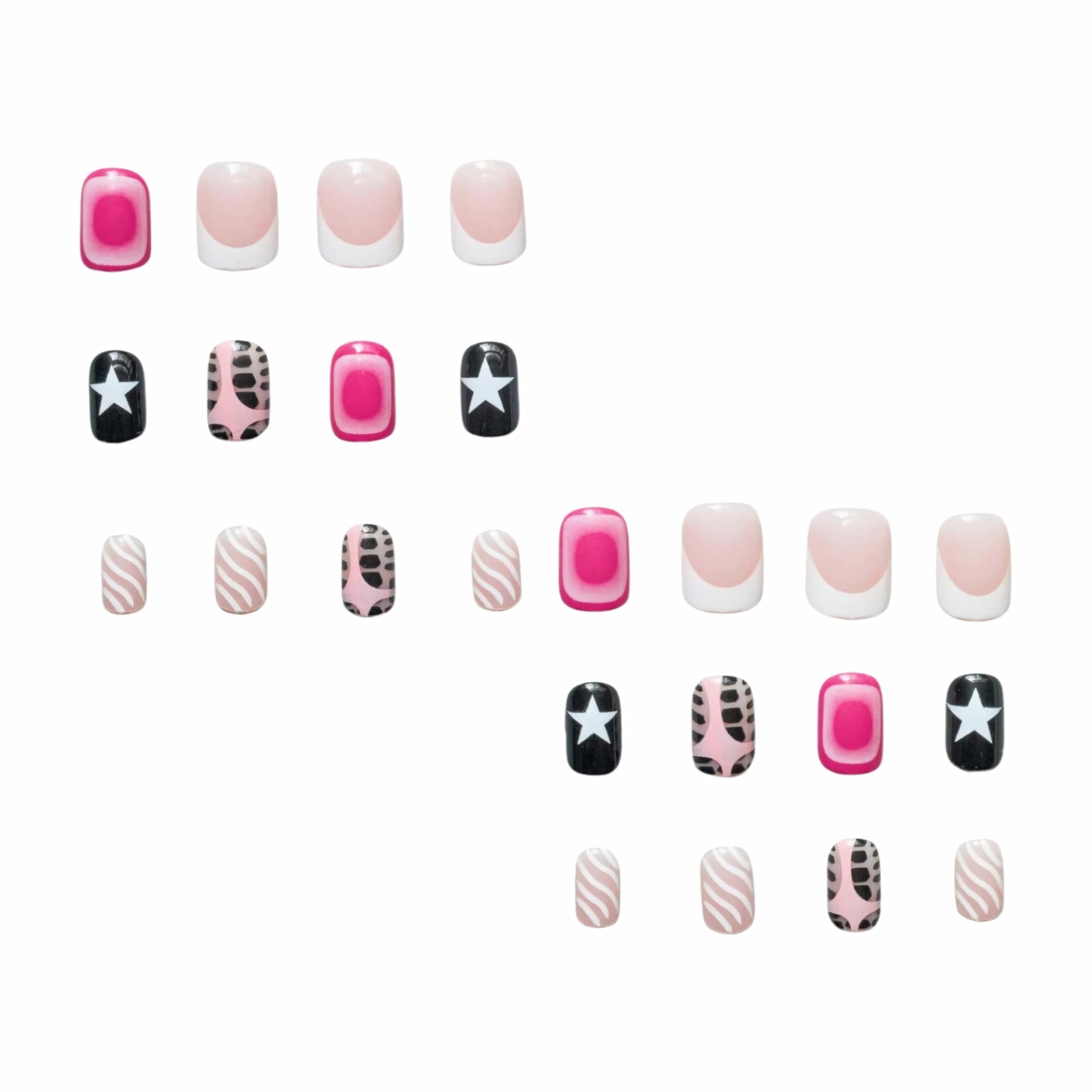 BABALAL Acrylic Press on Nails Short Square Fake Nails Pink Black Glue on French Tip Star Y2k False Nails with Design Press-ons 24Pcs Cute Squoval Artificial for Women Girls