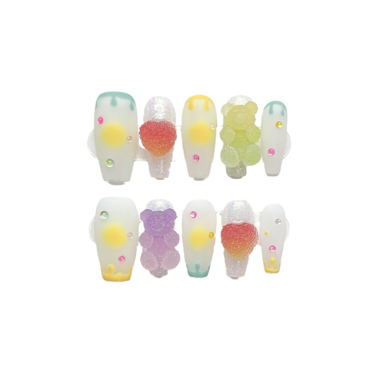 Candylicious Fake Nails | 3D Gummy Bear & Heart Designs | Y2K Lolita Press On Nails | Sweet Pastel Colors for Girls & Women (M)