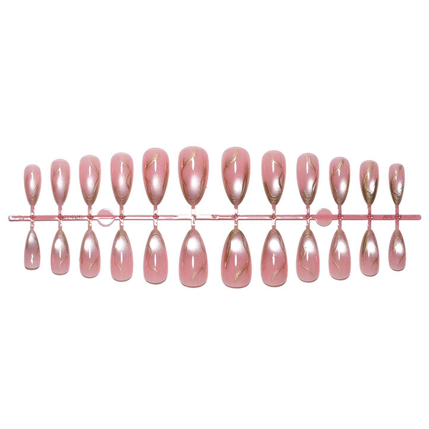 24Pcs Medium Almond Press on Nails - 3D Gold Irregular Line Design Fake Nails Gilded Line French False Nails Chrome Gold Stick on Nails Glitter Full Cover Pink Glossy Artificial Acrylic Nail for Women