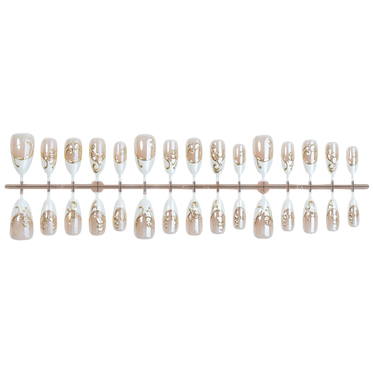 30Pcs White French Tip Press on Nails - Medium Almond Fake Nails 3D Chrome Gold False Nails Gilded Line Gel Acrylic Nails Nude Glossy Full Cover Irregular Gold Line Artificial Stick on Nail for Women