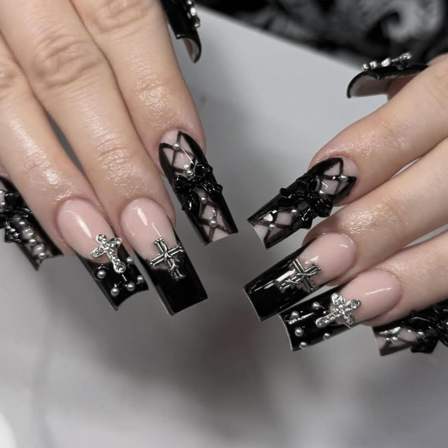 IMSOHOT Black French Press on Nails Long Square Fake Nails Acrylic Nude False Nails with Bow & Cross Design Full Cover Stick on Nails Glossy Glue on Manicure Kit for Women 24Pcs