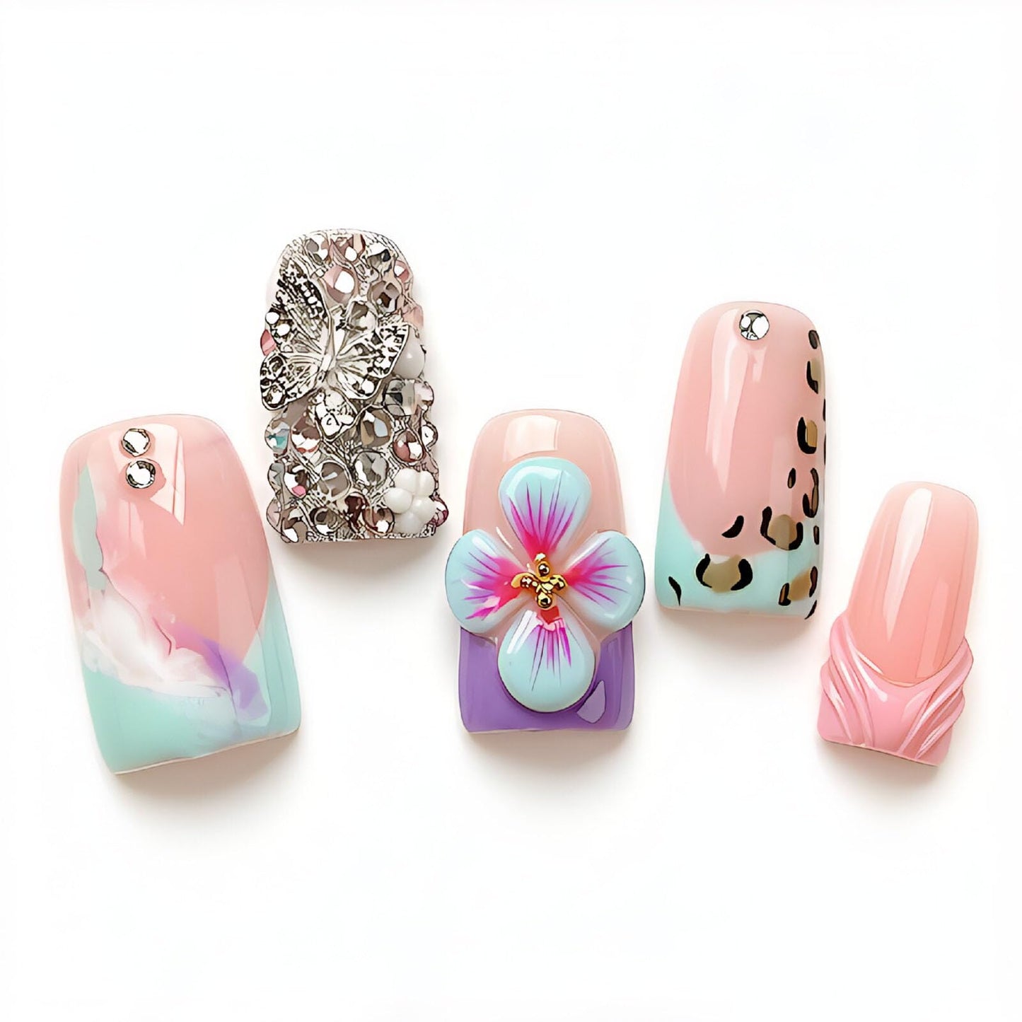 Handmade Acrylic Press on Nails Short Duck Nails Press on 3d Floral Designs Square Reusable Fake Nails Luxury Rhinestones Cute for Women (Size M）