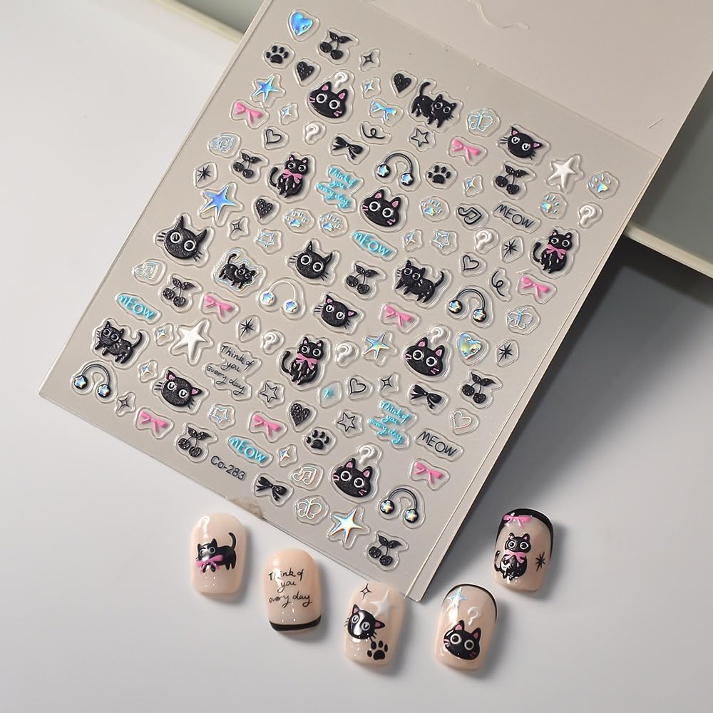 5D Embossed Cat Nail Art Stickers Star Heart Nail Stickers Music Black Cat Nail Decals Self-Adhesive with Cherry Designs Daily Nail Supplies for Women Girls Acrylic Nails DIY Manicure Nail Decorations