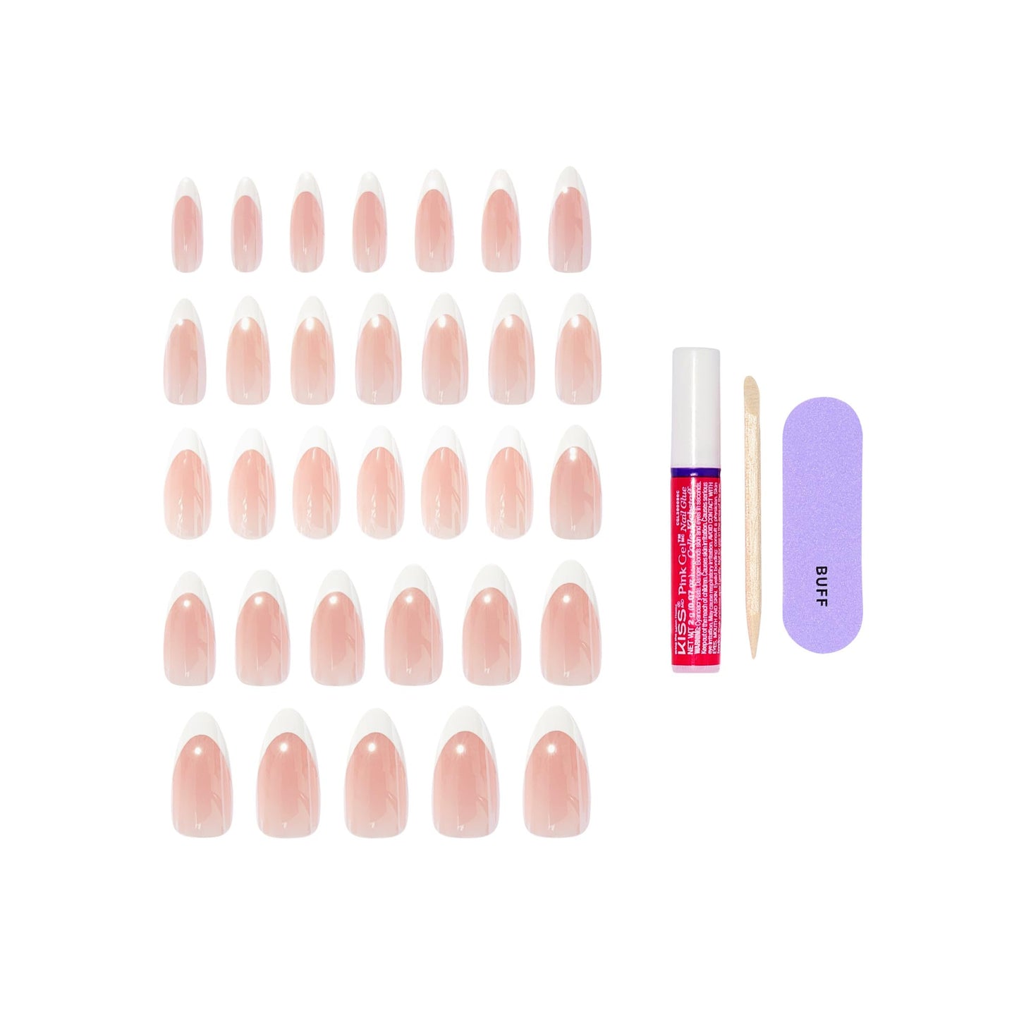 Kiss Core, Press On Nails, Nail glue included, 'Fascinating', White, Long Size, Almond Shape, Includes 32 Nails, 2g Glue, 1 Manicure Stick, 1 Mini File