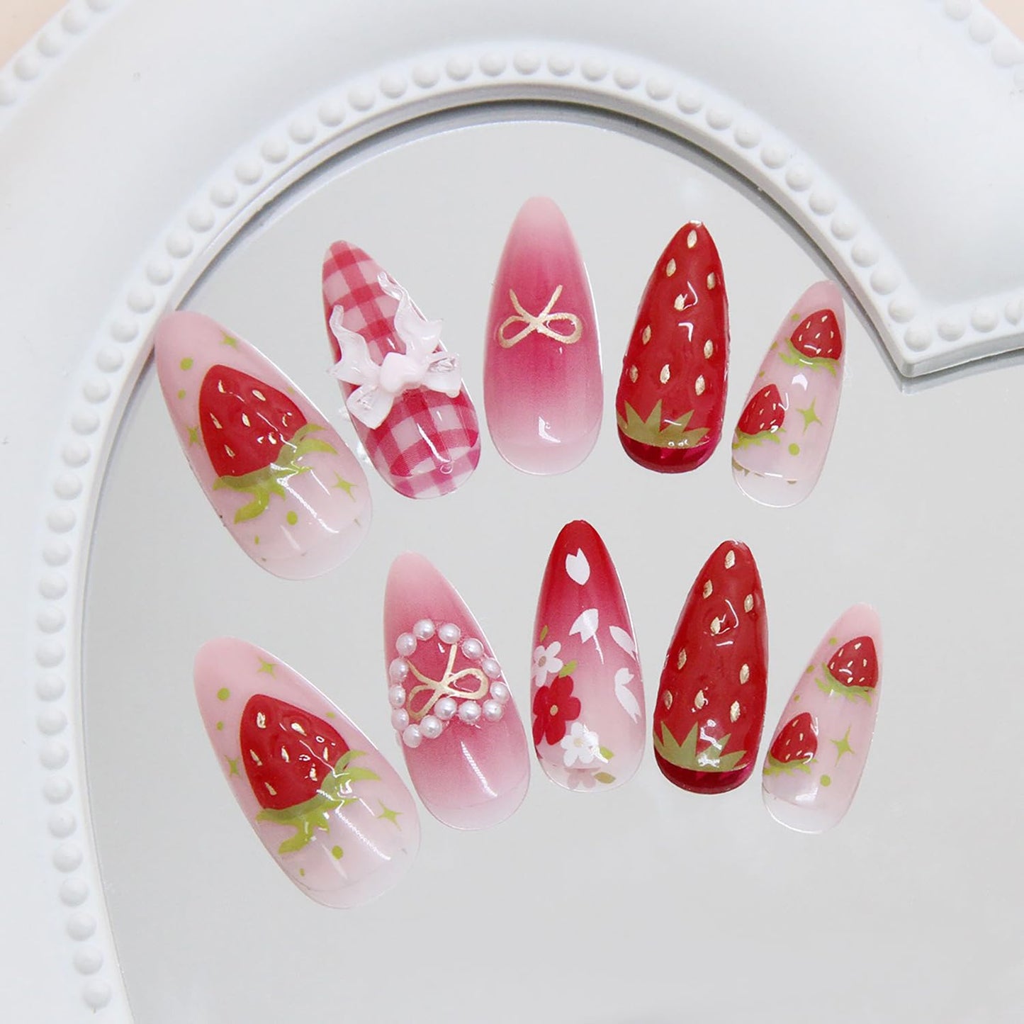 Almond Press on Nails Medium SWEKKE Fake Nails Aesthetics False Nails with Strawberry Bow Flower Designs Full Cover Glossy Glue on Nail Acrylic Nails for Women Girls 24Pcs