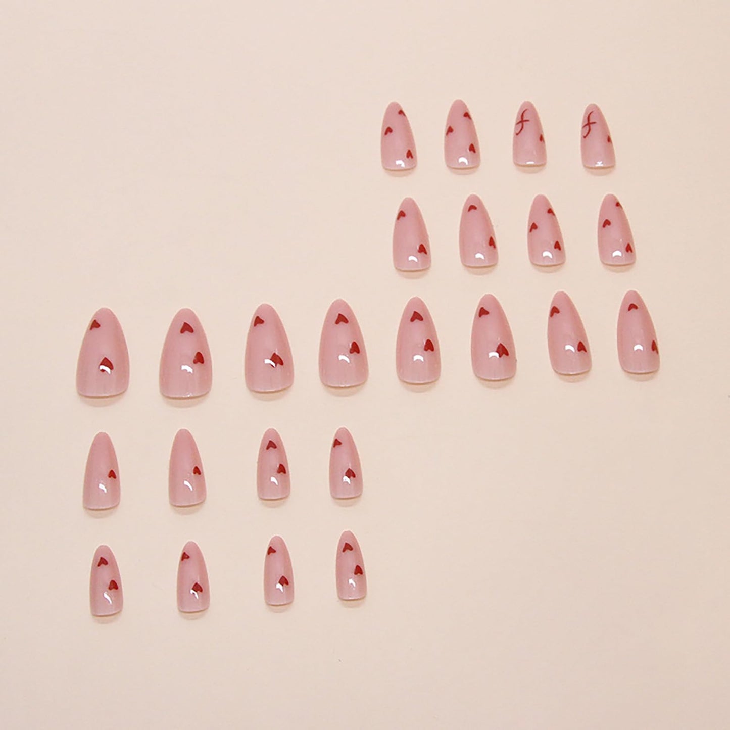 24Pcs Cute Heart Press on Nails Short Medium Valentines Fake Nails with Glue Nude Pink False Nails Almond Nails Press ons Reusable Stick on Nail Valentines Heart Glue on Nail for Women Girls