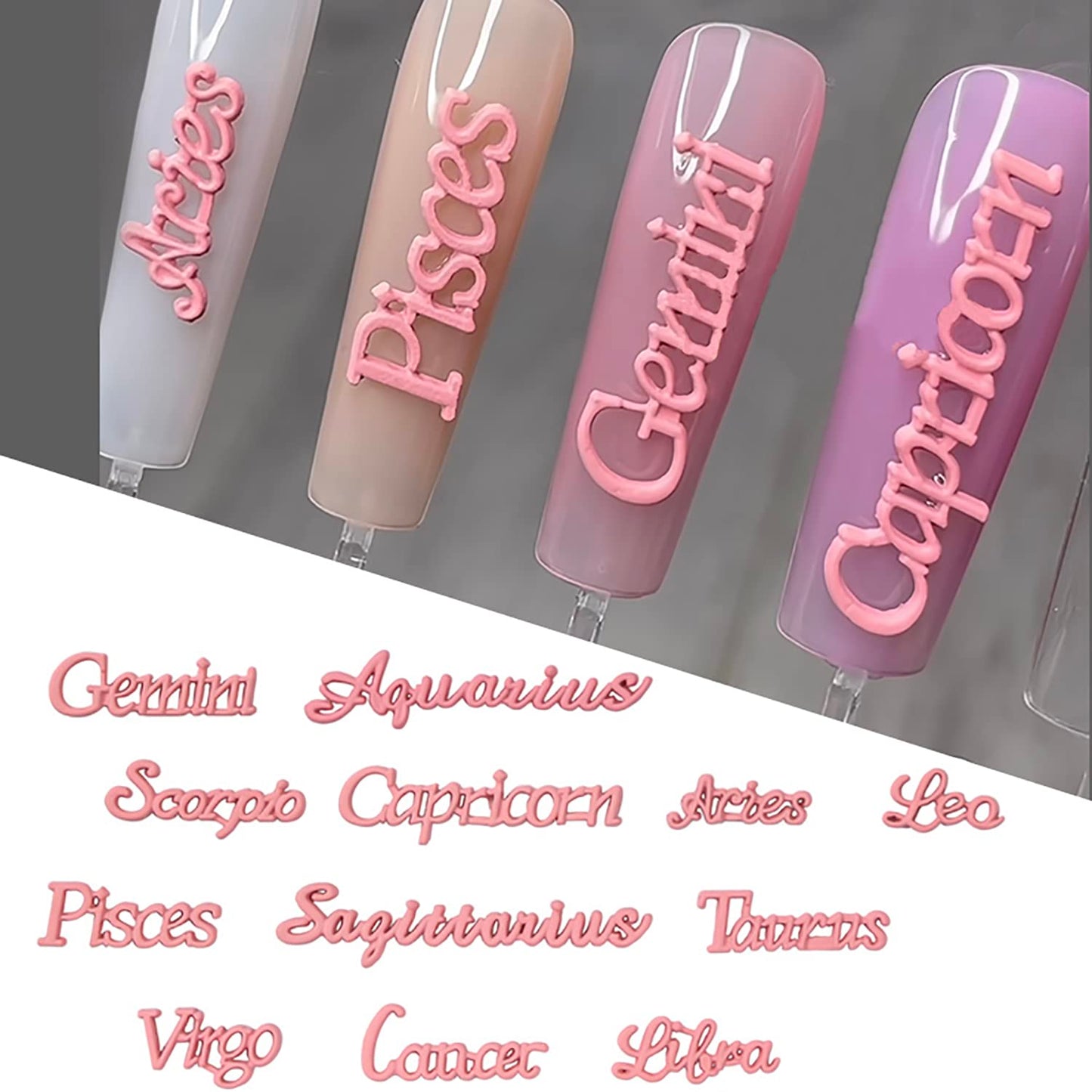 JERCLITY 48 Pieces Pink Silver Alloy Zodiac Nail Charms Zodiac Signs Nail Studs Constellation Words Charms for Nails Twelve Constellation Nail Charms Set for Women Girls Nail Art