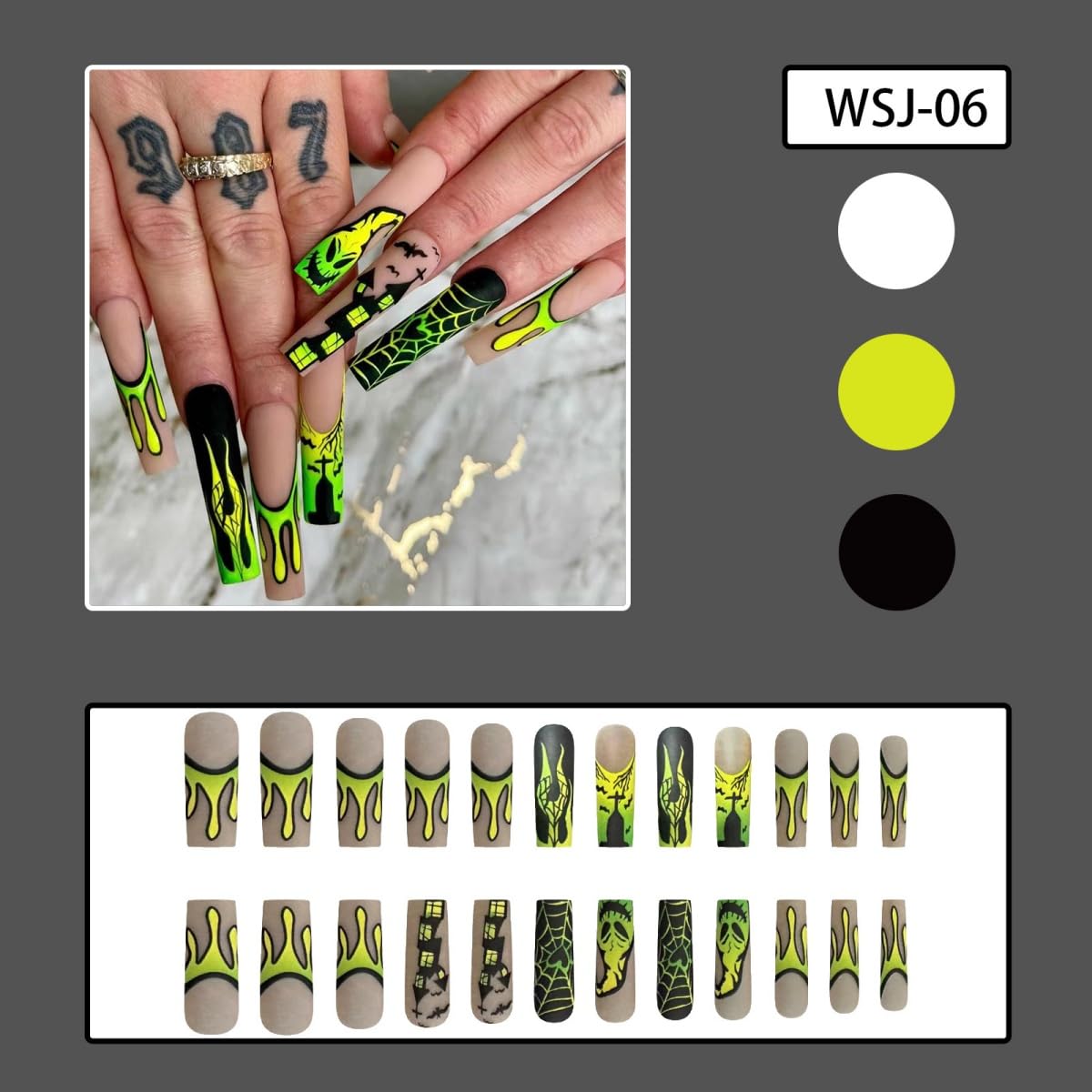 24Pcs Halloween Long Square Fake Nails Castle Spider Web Flame Design Stick on Nails French Tip False Nails Green Reusable Artificial Full Cover Acrylic Glue on Nail for Women Nail Art Decoration