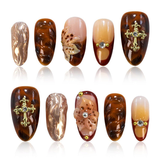 Handmade Press on Nails Long Square Shaped Fake Nails with 3D Rhinestones Flower Design, Almond Handmade Reusable Fake Nails, White French Tip Full Cover Acrylic Nails for Women (05, Long)