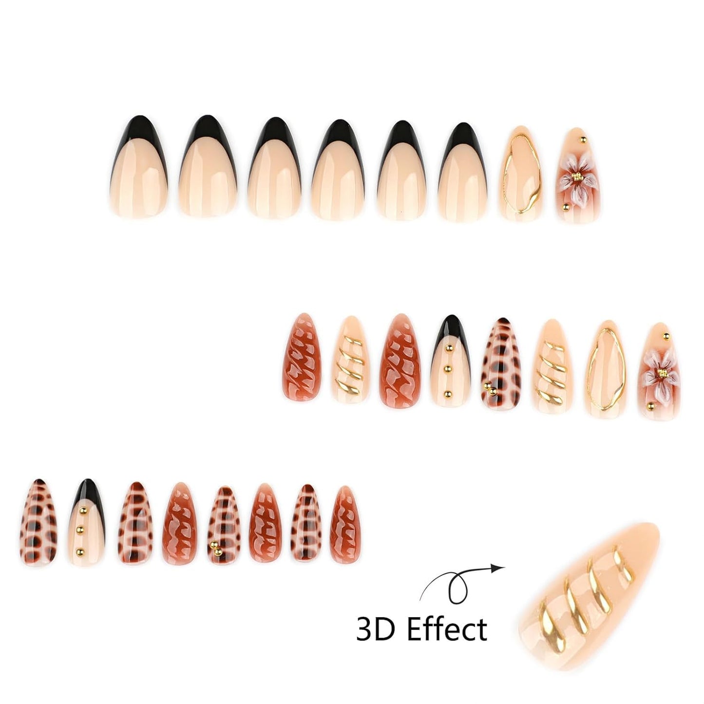 Brown Soft Gel Press On Nails Medium Almond Faken Nails with 3D Flower Designs Gold Edge Nails Press ons Snake Pattern False Nails Glossy Reusable Glue on Nails for Women Girls 24PCS