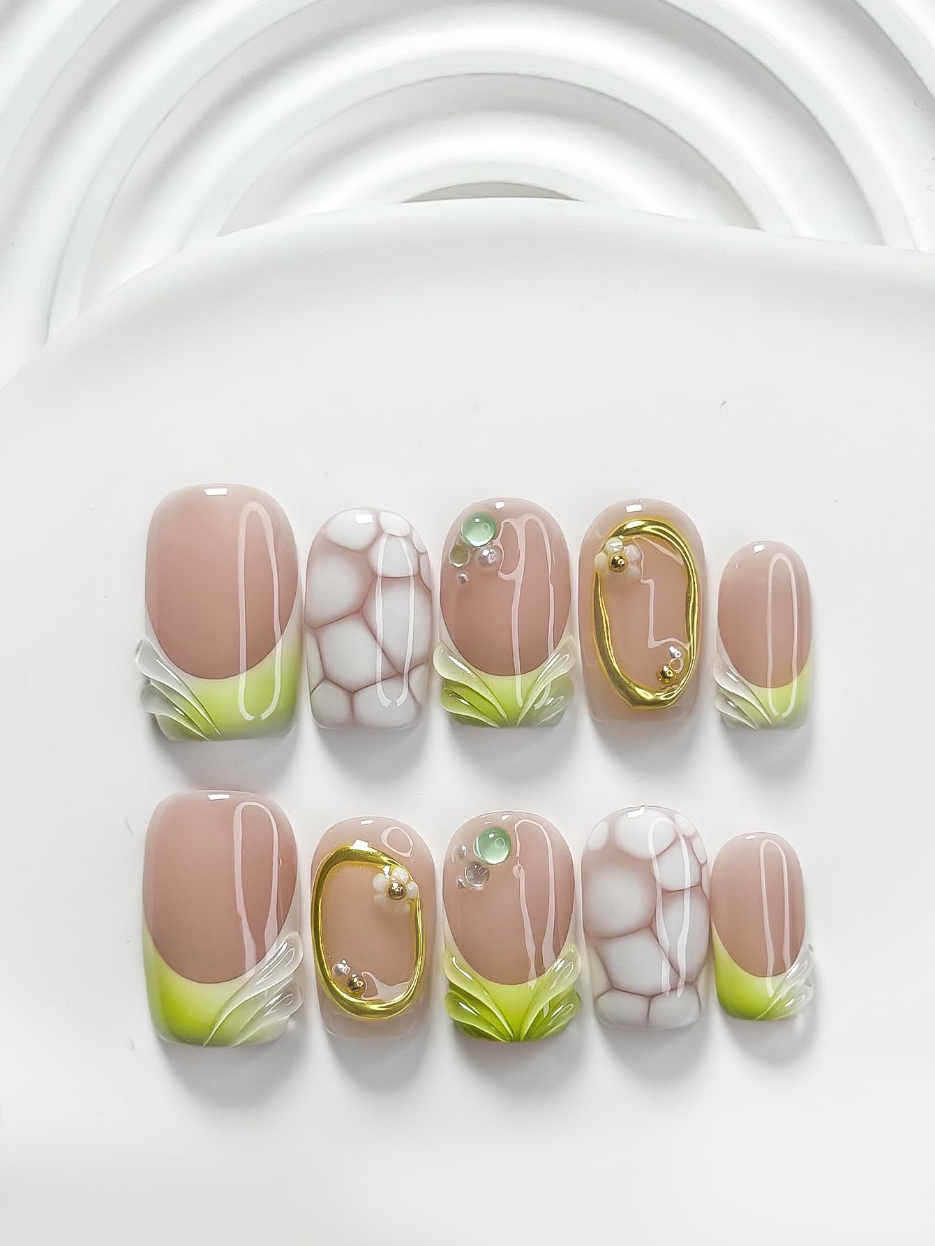 Curatique Handmade Press on Nails - Artificial Acrylic Nails Blue French Tips Stick on Nails 3D Pearl Fake Fingernail Summer False Nails for Women Manicure 10 Pcs (Glass Leaf, M, Short squeare)