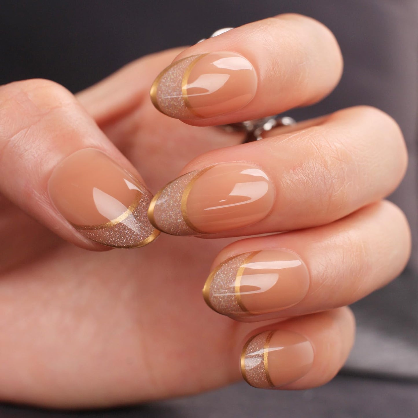 Short Almond Press On Nails – Nude Glitter French Tips with Gold Outline, Glossy Acrylic Fake Nails, Reusable Stick On Nails Kit for Women, Elegant Shimmery Manicure Set
