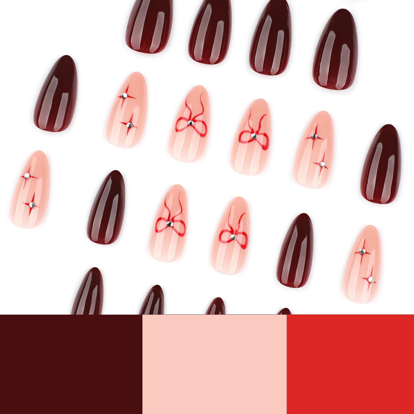 Mivota Soft Gel Press On Nails Medium Almond – Burgundy Ribbon Nude Nail Art, Reusable Luxury Glue-On Nails with Hand-Painted Bow Design, 24PCS Salon-Quality Stick On Nails for Women