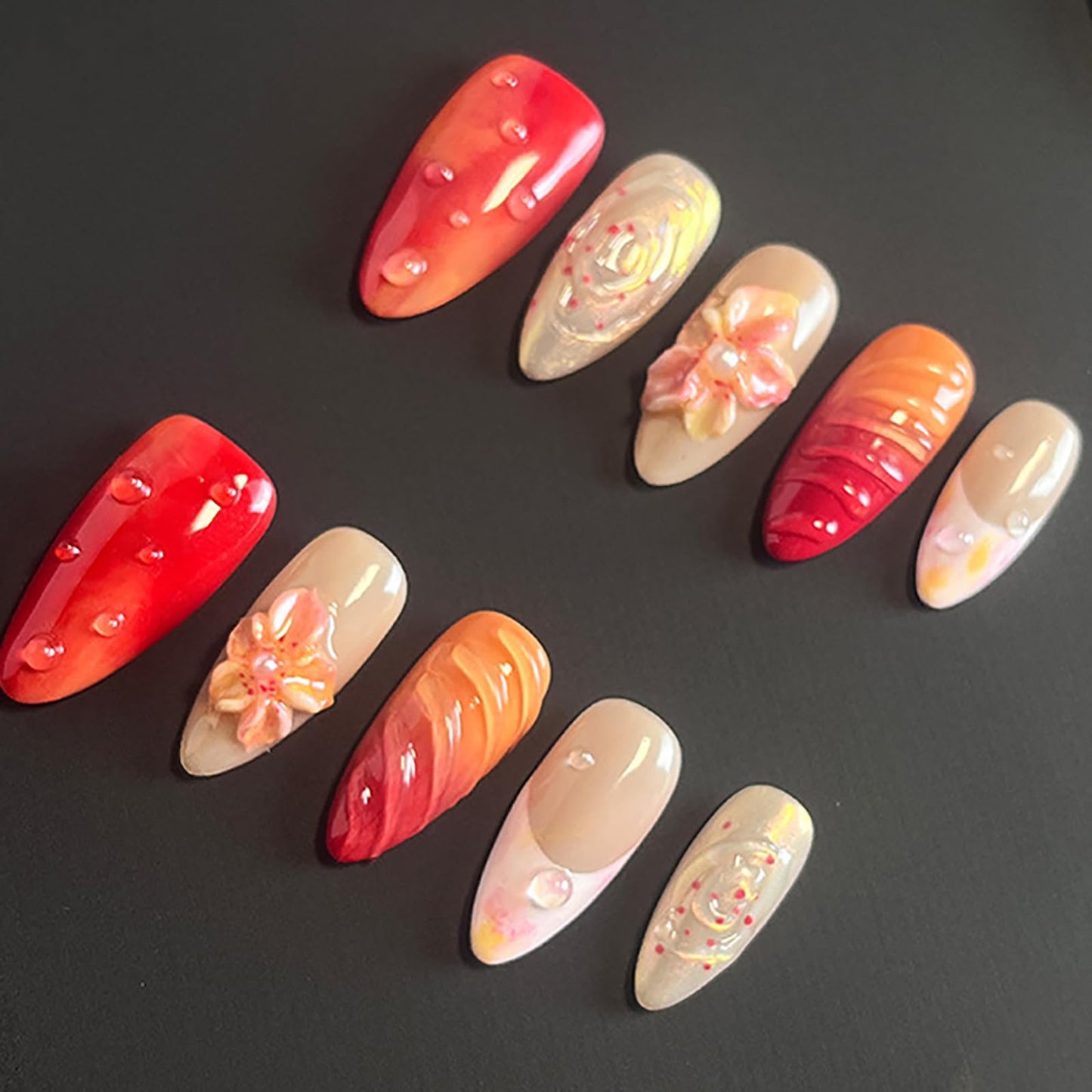 Luxury Press on Nails Medium Almond Handmade 3D Unique Reusable ABS Material Fake Nails Red&Orange False Nails with Designs Flower Water Drop Art Petal Glossy Glue on Thick Acrylic Nails(S)