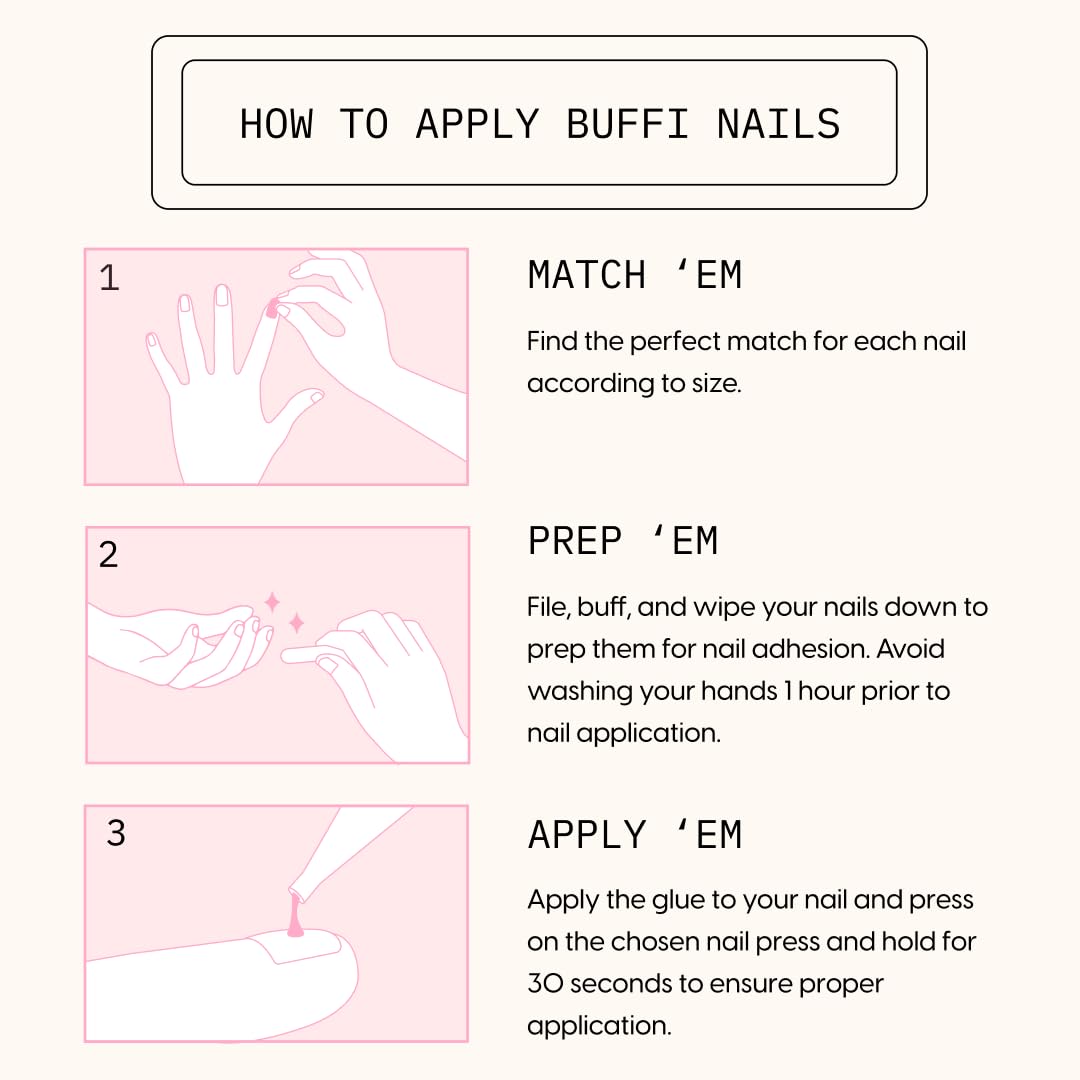 BUFFI Press-On Nails First Kiss - Short Round Oval Nail Tips in Red Crescent Half-Moon Design - Classic Y2K-Inspired Fake Nails with Glue - 28Pcs False Nails Kit with Nail File, Prep Pad & Stick