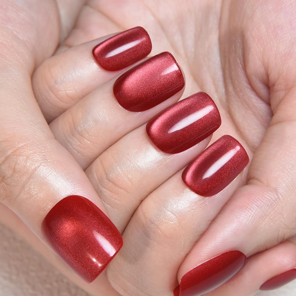 evpct Red Cat Eye Short Square Press on Nails No Glue for Women Gift, Red Short Square Stick on Nails with Cat Eye Design, Metallic Glitter Glossy Soft Fake Nail, Reusable Press on Acrylic Fake Nail