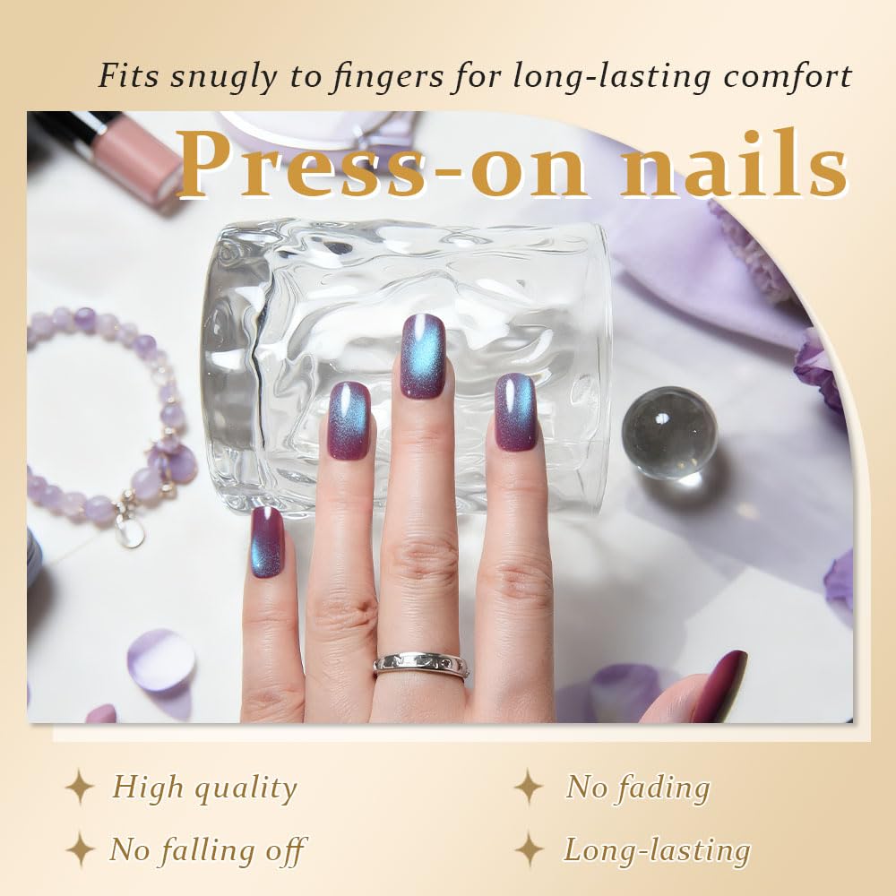 XZMeiLun Purple Reflective Blue Press On Nails - Cat Eye Medium Square Magnetic Acrylic Fake Nails, Stylish Design, Salon-Quality Shiny Finish, Reusable Stick On Nails Kit for Women (No Glue Included)