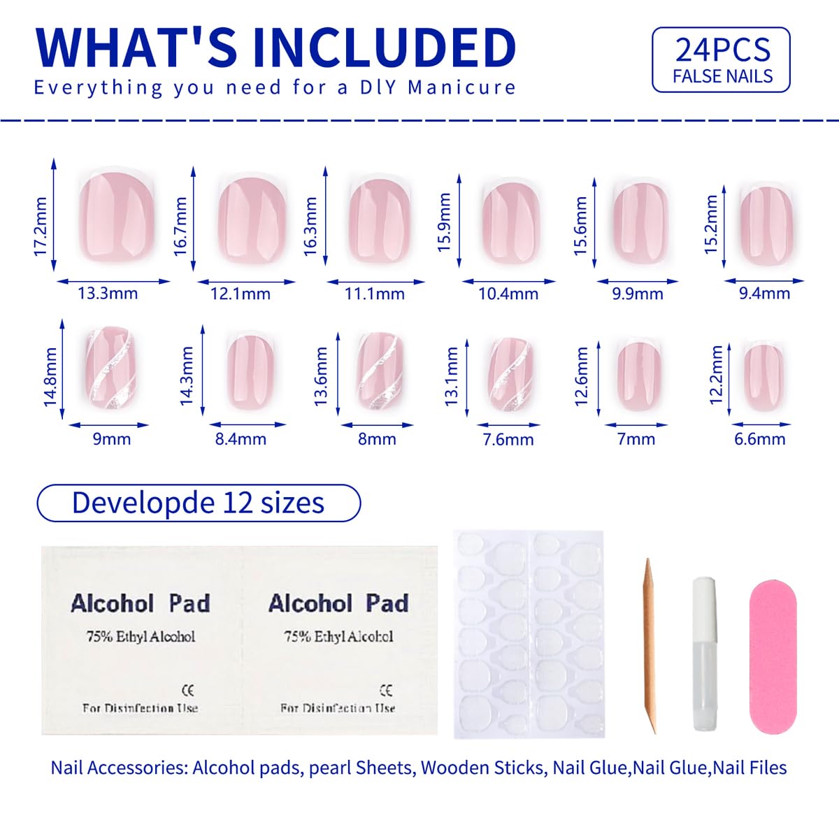 Stbisen French Press On Nails Short Square, Nude Fake Nails with White French Tips, Delicately Adorned with Silver Streaks, Glossy Gel Finish, Thick Natural Reusable Glue On Nails for Women, 24Pcs