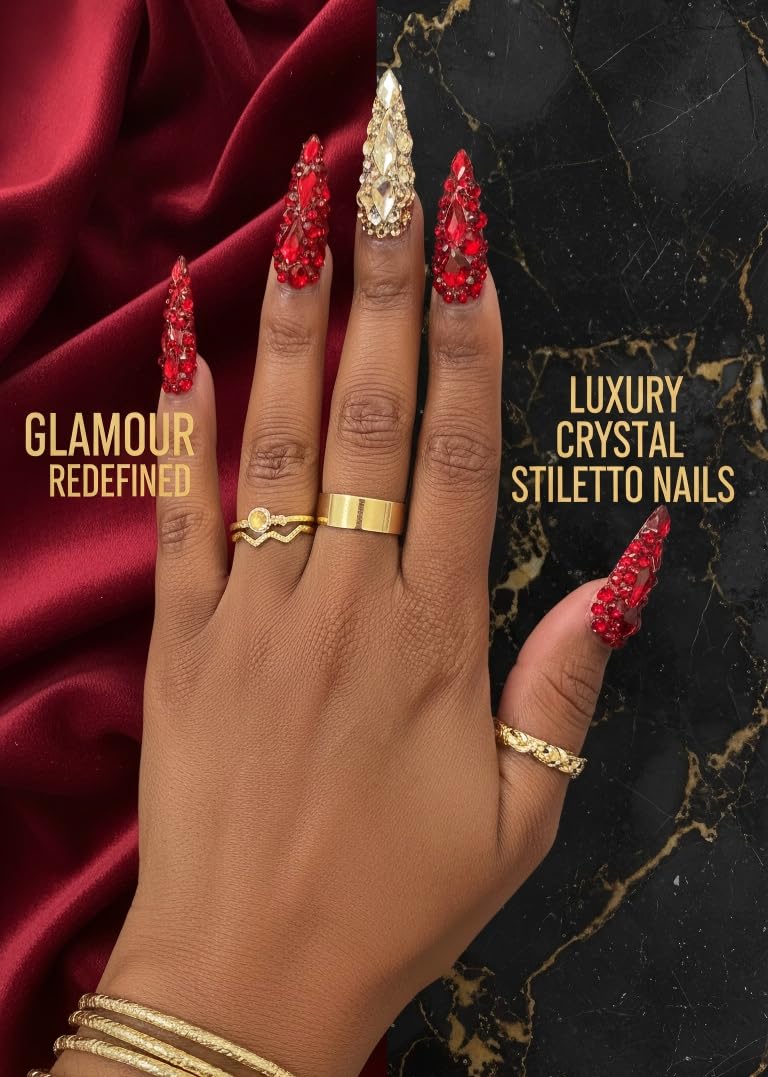 MNAFAYY Luxury Gems 100% Handmade Nails Long Stiletto Press On Nails Full Cover 3D Rhinestone Crystal Gorgeous Reusable UV Finished Fake False Nails Acrylic Nail Kit With Box Gifts for Women Red