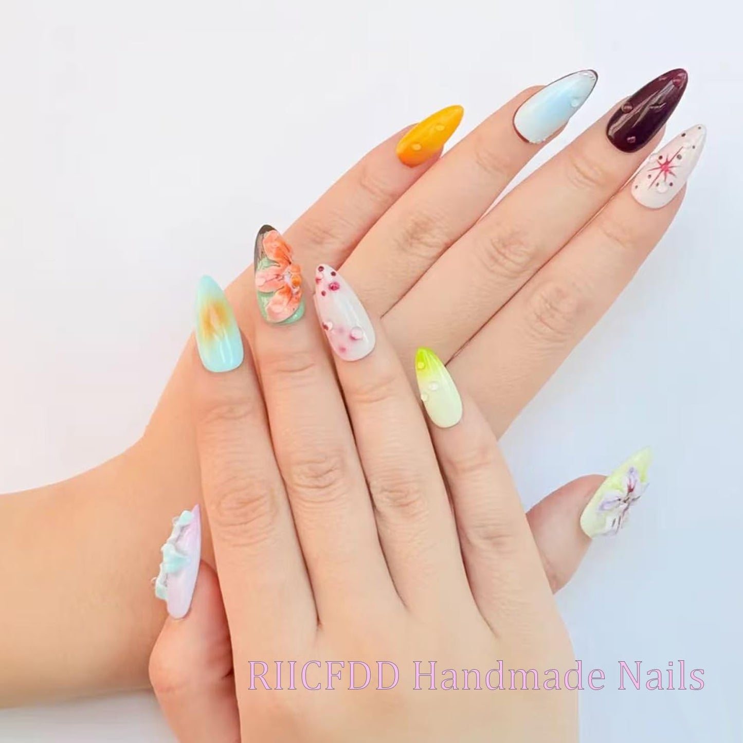 RIICFDD Handmade Press on Nails Medium Almond Thick Acrylic Nails,Tropical Flower Art Fake Nails with Water Droplet Pattern Designs Nature Stick on Nail False Nails for Wome (Size S)