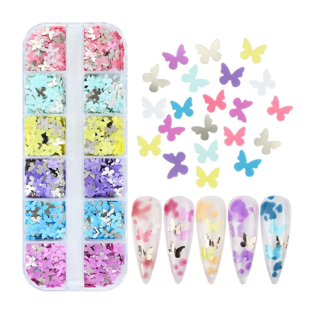 1 Box 6 Color Holographic Butterfly Nail Glitter Laser Pink Nail Sequins 3D Blue Yellow Nail Flakes Sparkly Powder Flakes Shiny Nail Glitter Colorful Nail Sequins Glitter for Nails Art 12 Grids