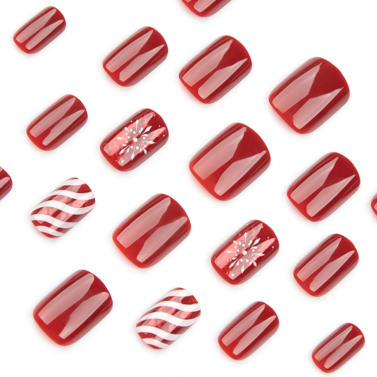 Christmas Press on Nail Short Winter Holiday Fake Nails with Snowflake Design Red Acrylic Nails Glossy Christmas Nails Press ons Xmas False Nails Full Cover Stick on Nails for Women Girls 24Pcs