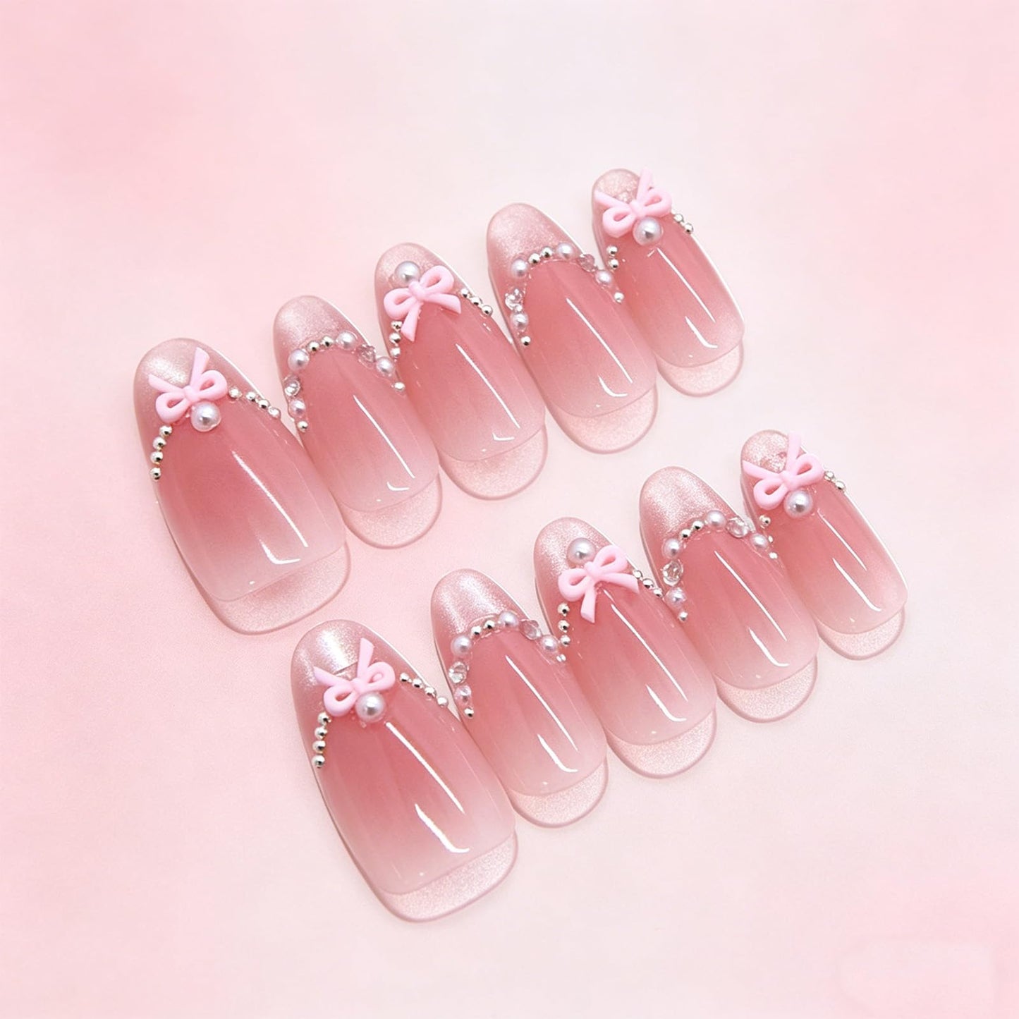 3D Bow Press on Nails Glossy White Glitter Fake Nail with Rhinestone Design Pearl Medium Almond False Nails French Tips Stick on Nail Pink Ombre Glue on Artificial Fingernails for Women Daily Wear