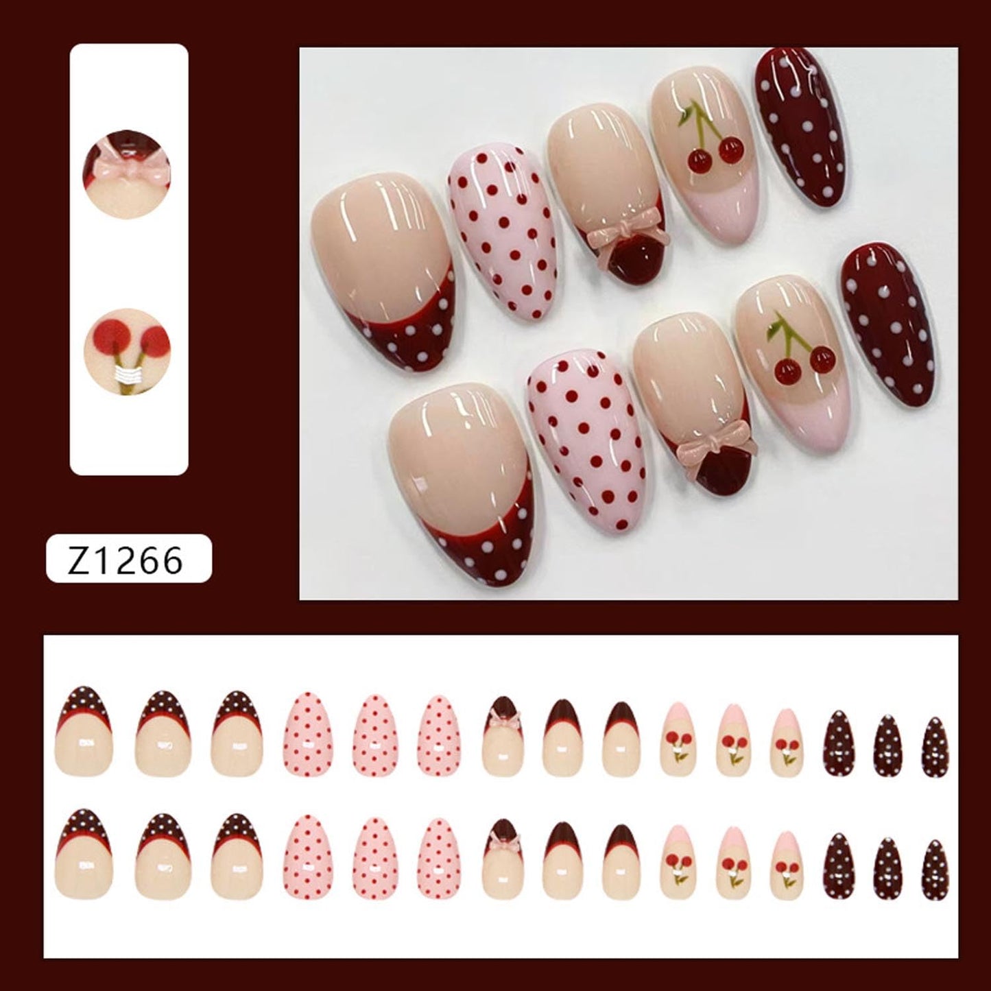 30Pcs Cute Pink Press on Nails Short Almond Fake Nails with French Polka Dot Bow Cherry Pattern Design Nude Glossy Red French Nails Tip Full Cover Artificial Nails for Women DIY Nails Daily Wear