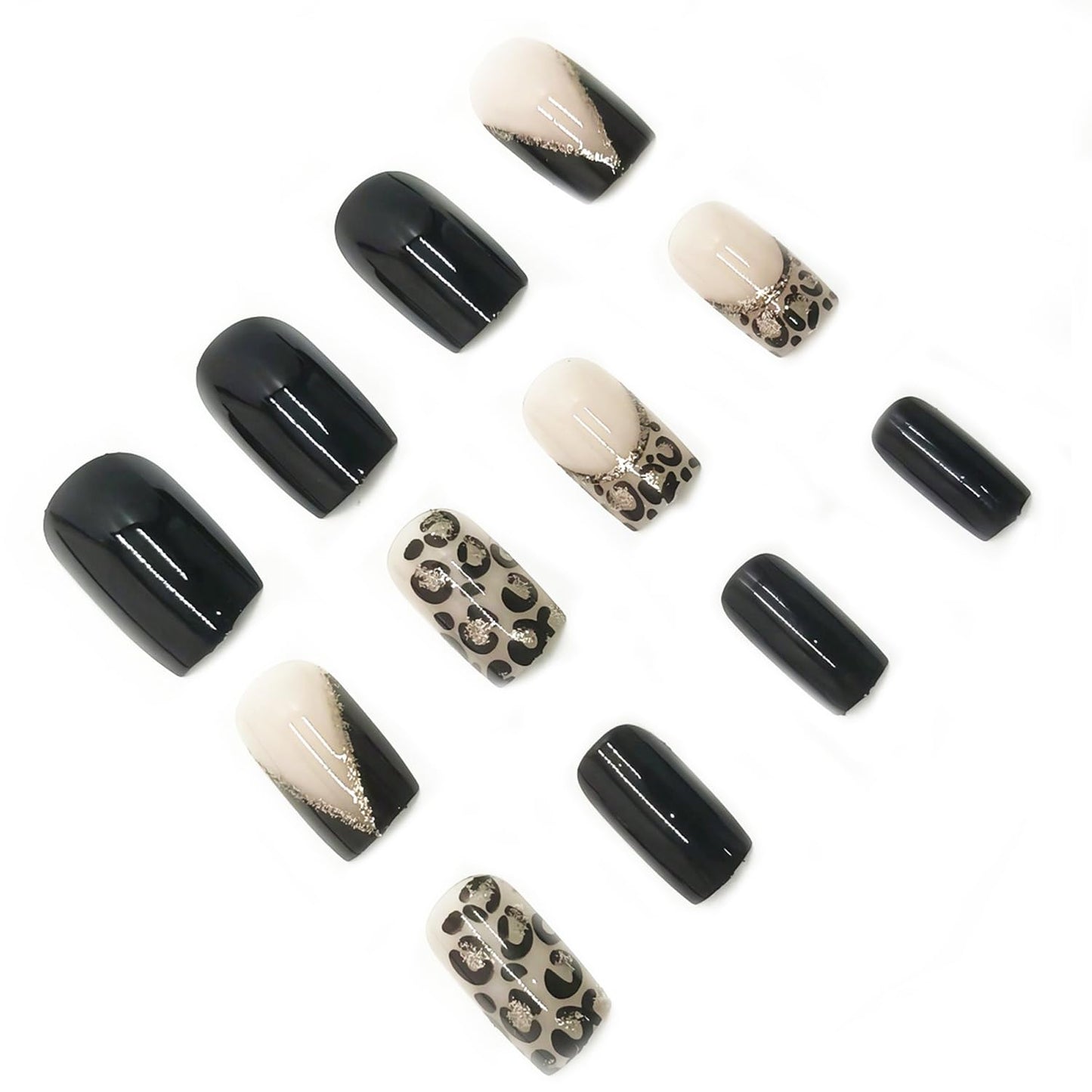 24 Pcs French Tip Press on Nails with Leopard Print Designs Medium Square Silver Glitter Fake Nail Glossy Black False Nails Full Cover Acrylic Stick on Nail for Women DIY Manicure