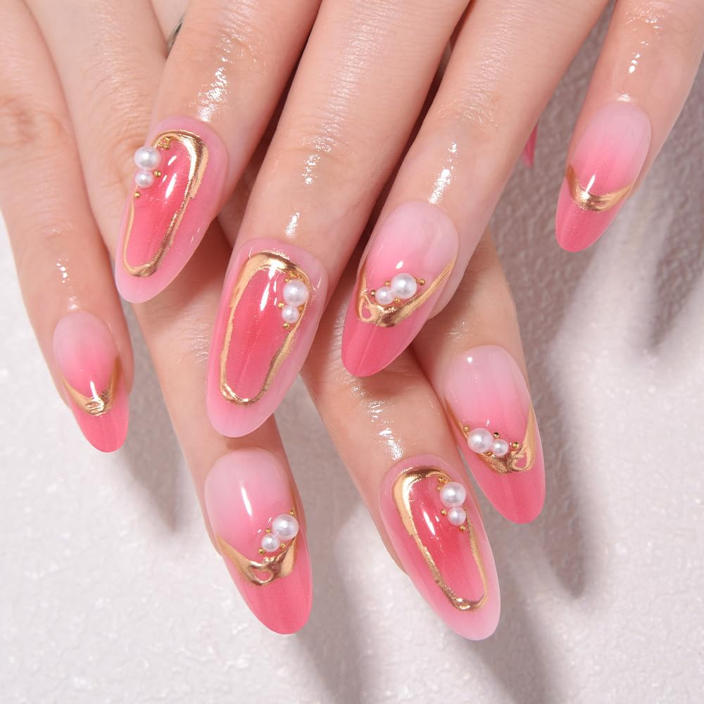 XZMeiLun Pink Ombre Gold Frame Pearl Flower Press on Nails, Medium Almond Acrylic Fake Nails Design, Natural Reusable Nails Kit for Women DIY False Nail Art Decoration Gift, Salon Quality Reusable