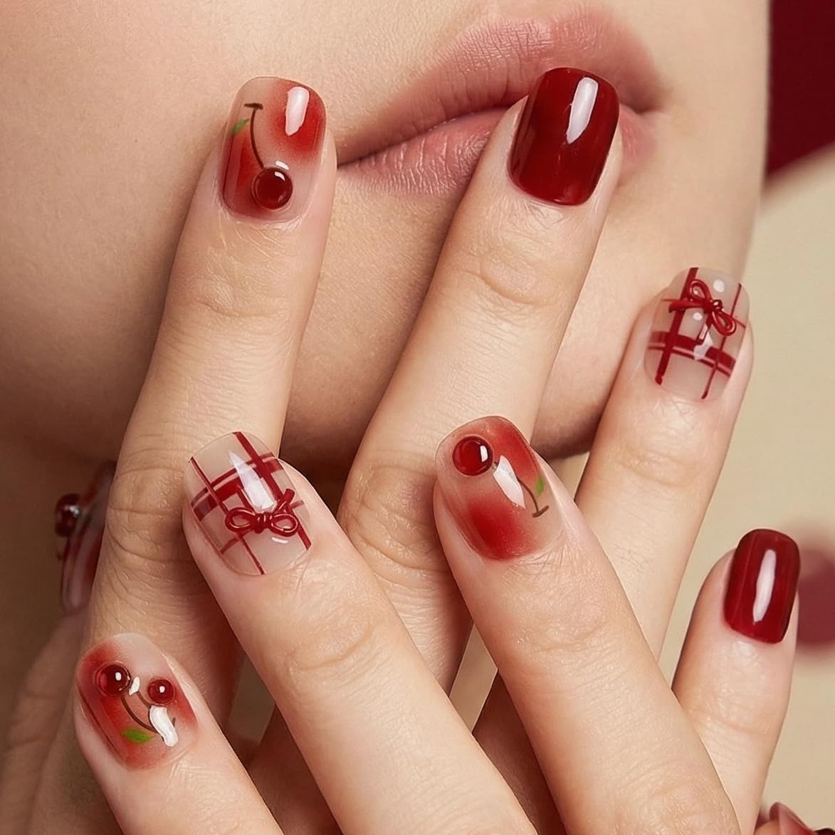 3D Cherry Red Press On Nails, Glossy Short Square Fake Nails with Fruit Design, Elegant Cute On Nails for Women, Salon Look, 30 Pcs Set (The sizing runs small)