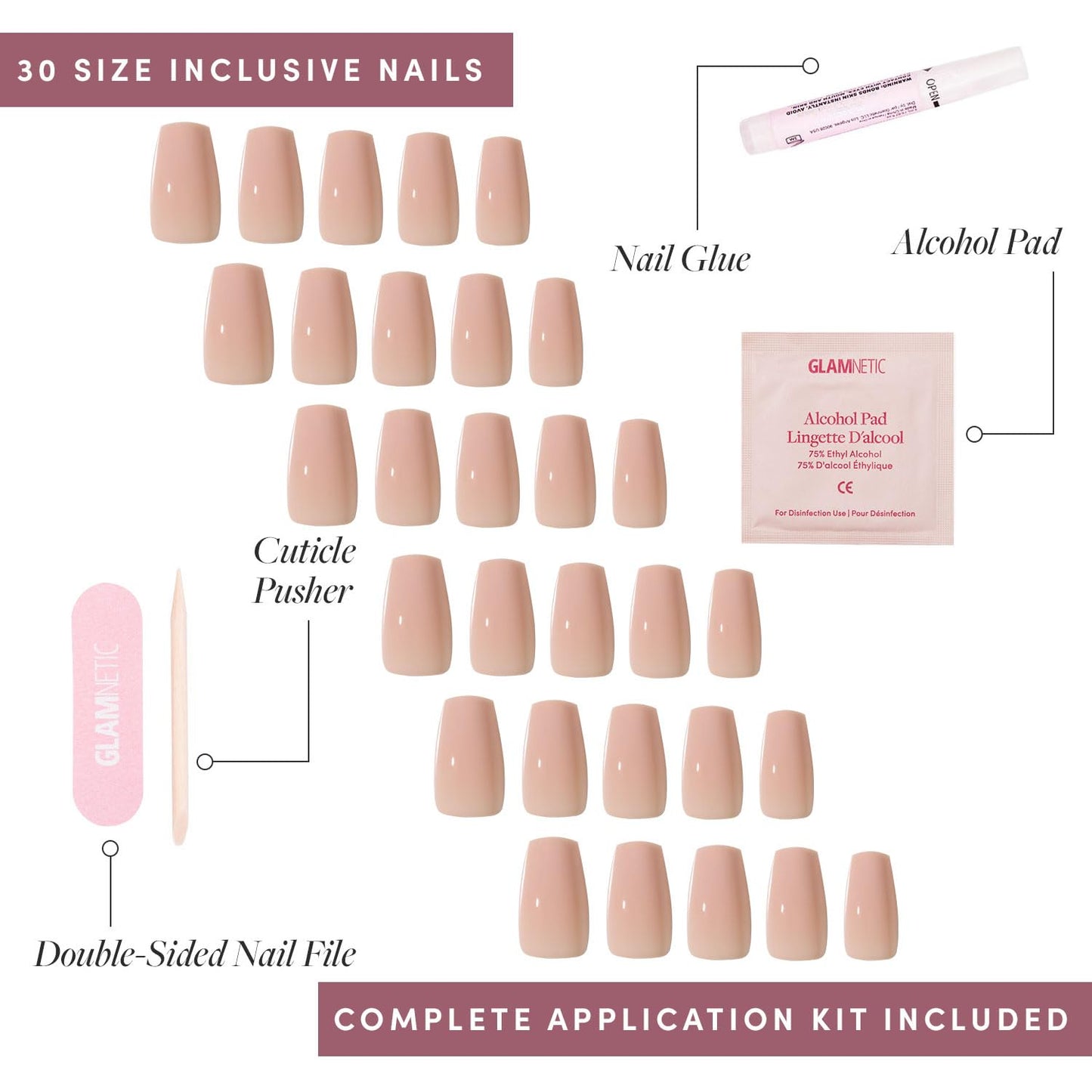 Glamnetic Press-On Nails Bundle - Exposed, Ballet Pink & Fall Mauve | Medium Coffin Fake Nails, Nude Opaque Neutral | Opaque Light Blush Pink Short Almond False Nails | Muted Blush Mauve Short Oval Fa