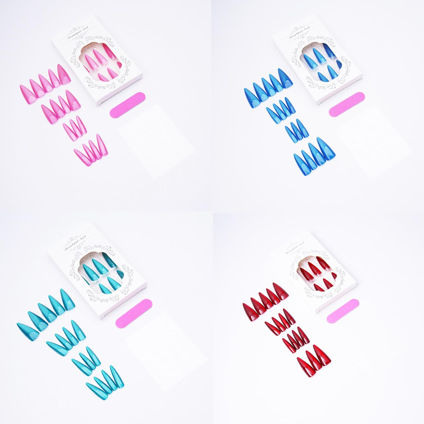 KKUUOO 4 Pack Stiletto Press on Nails Long - 4 Color Fake Nails with Glitter | Full Cover Glossy Acrylic Nail,Reusable False Nails Women 96Pcs(Red Pink Blue Lake Blue)