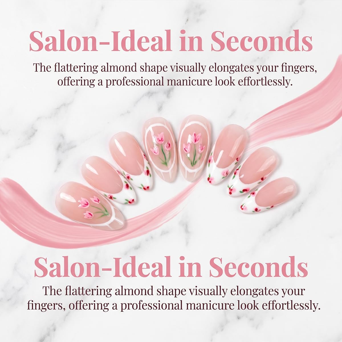 Almond Press On Nails - Summer Medium Nude pink white French with Tulip Floral Design Fake Nails Glossy Finished Reusable False Nails with Glue Tabs - 24Pcs Nail Kit for Women Manicure