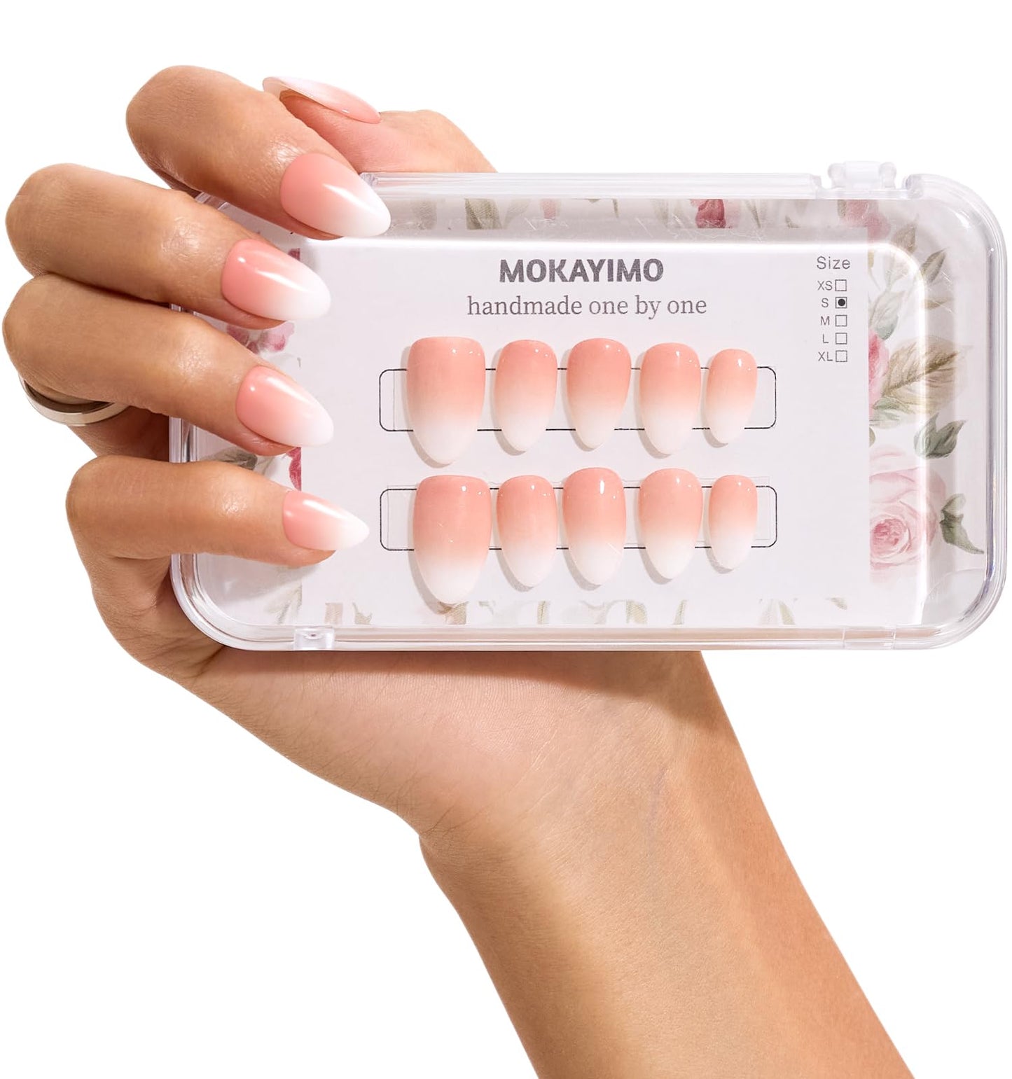 MOKAYIMO Ombre Press On Nails Short，Almond Nude Nail Press Ons，Reusable Press On Nail Kit With Everthing，10pcs Durable Handmade Custom-Sized Acrylic Nails，Size M