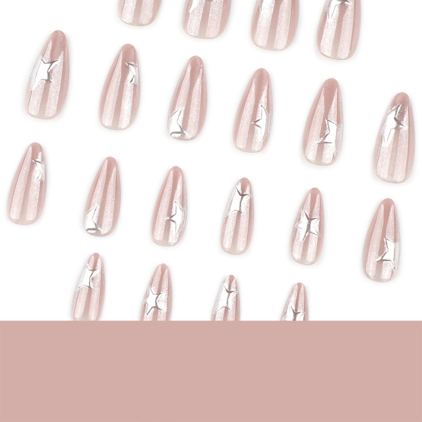 Mivota Medium Press on Nails Almond Cat Eye Nude Fake Nails Glossy Glue On Nails with 3D Silver Star Nail Art Designs, Decorative Thick Reusable Glossy Full Cover Stick on Nails for Women 24Pcs