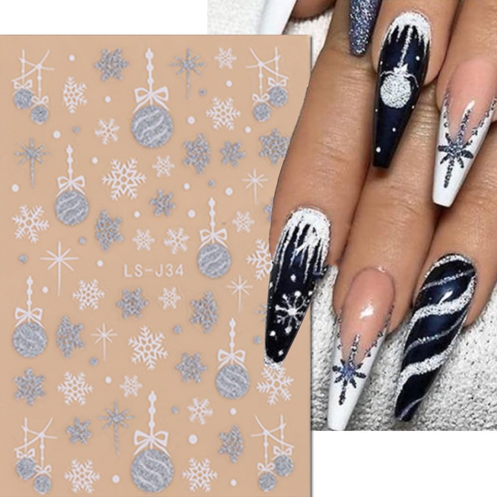 Christmas Glitter Nail Art Stickers Christmas Gold 3D Self-Adhesive Nail Stickers Sliver Snowflake Xmas Winter Nail Decals Nail Art Design Supplies for Women Nail Decoration