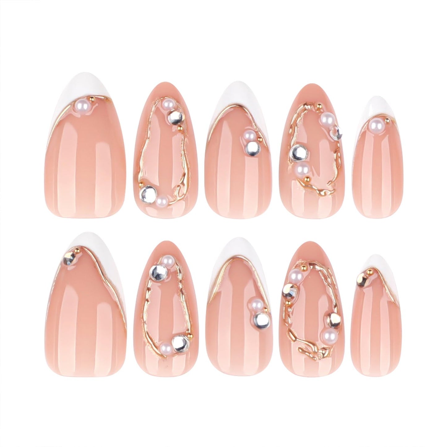 Mivota Soft Gel Press On Nails Almond Nude Pink, Luxury Gold Line Rhinestone Glue On Nails, Reusable Fake Nails Acrylic Look, 24PCS Bridal Wedding Press on Nails for Women