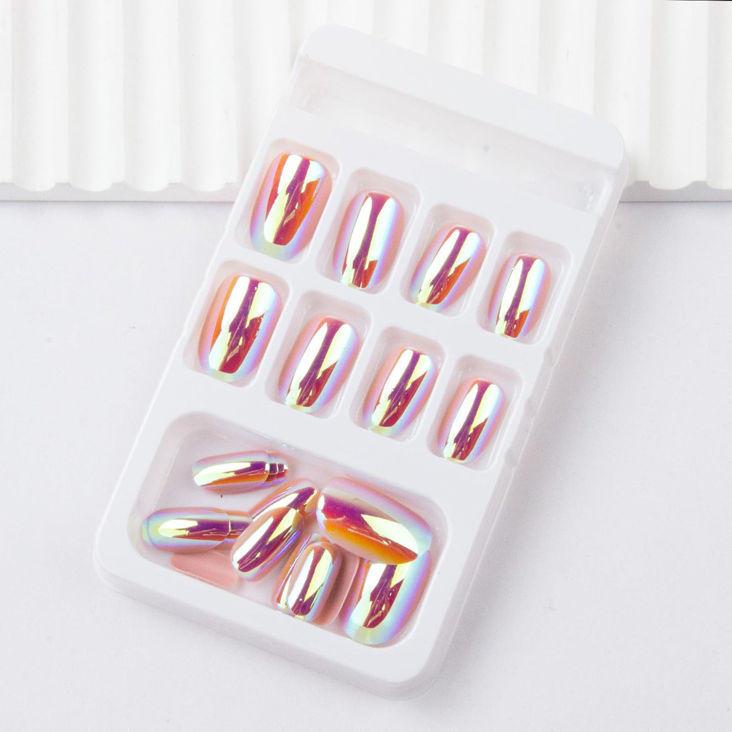 Press on Nails Short Oval Fake Nails Purple Metal Chrome False Nails with Glossy Holographic Gradient Acrylic Nails Shiny Full Cover Glue on Nail for Women Manicure 24Pcs