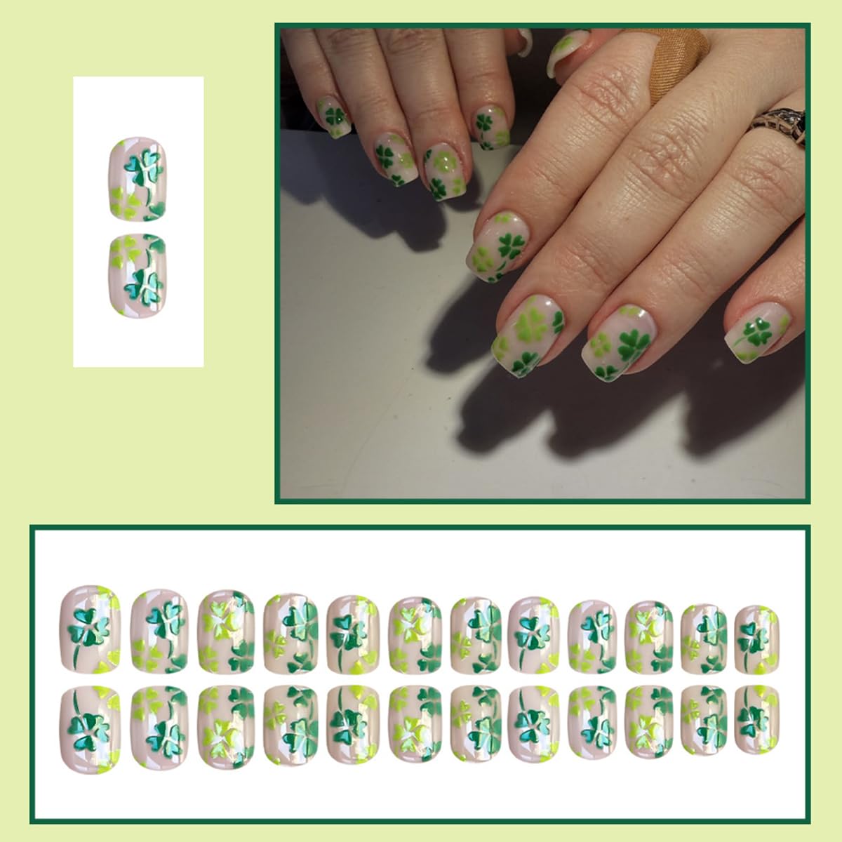 24Pcs St. Patrick's Day Press on Nails Short Square QUNQINLI Fake Nails with Four-Leaf Clover Designs Green Nails Press ons Glossy Full Cover Nude Glue on Nails Reusable Stick on Nails for Women