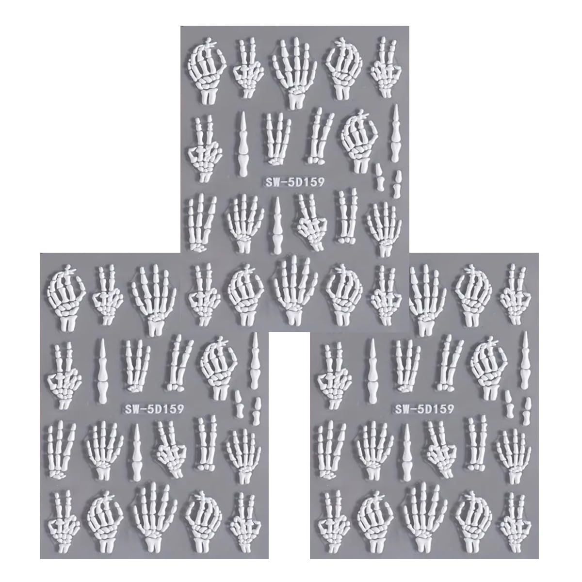 Halloween Nail Art Stickers Decals 3PCS Skeleton Nail Decals 5D Embossed Skull Nail Stickers White Hand Bones Finger Skeleton Halloween Nail Art Supplies Self-Adhesive Manicure Decorations