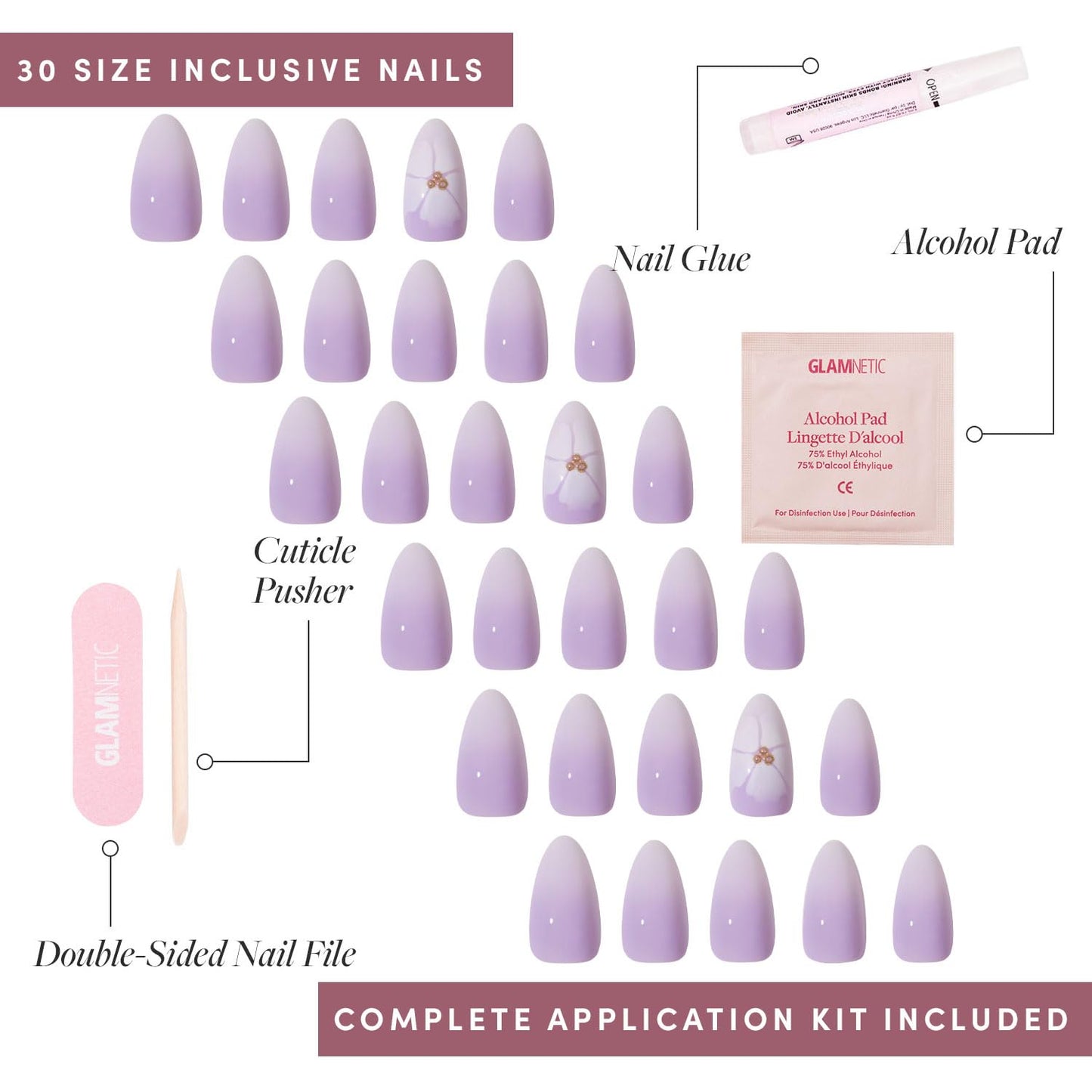 Glamnetic Press On Nails - Lilac Reef | Short Almond Purple Fake Nails with Flower Accents, Salon Quality Summer Nails | 15 Sizes - 30 Nail Kit with Glue