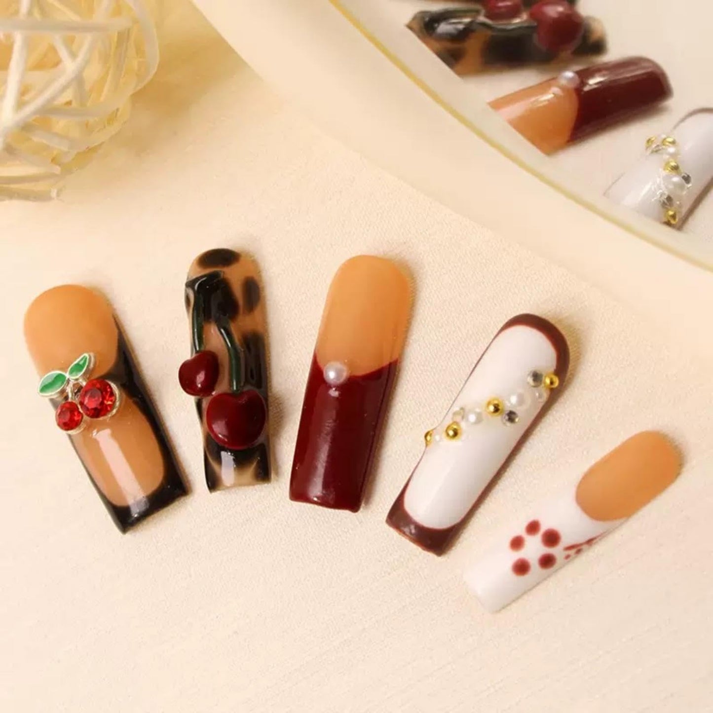100% 5D Handmade Press on Nails with Charms Long Square Nails Press ons- French Tips False Nails Brown Cherry Butterfly Red Charms Press on Nails for Women Girls Daily Wear DIY Manicure Size M