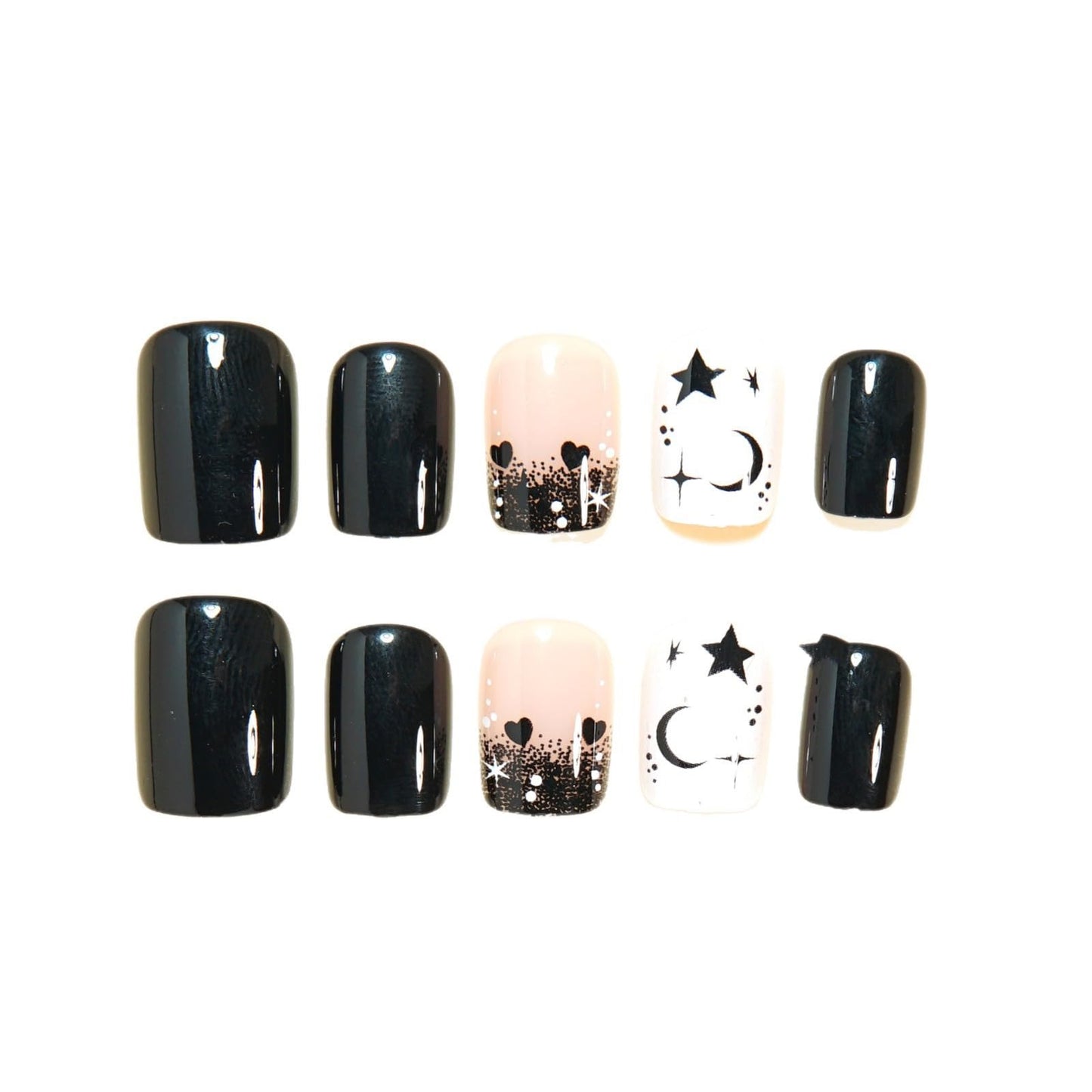CTTHNBD Black Press on Nails Short - Square Fake Nails with Moon Star Design - Glossy Full Cover Stick on False Nails - for Women 24 Pcs