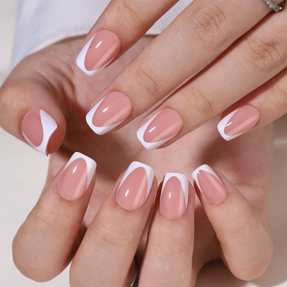 WAFOLOZE White French Tip Press On Nails - Short Square Press On Nails Fake Nails with Nail Glue, Artificial Nails 16 Sizes - 32Pcs Reusable Soft Gel False Nails Tips Kit,Stick On Nails for Women
