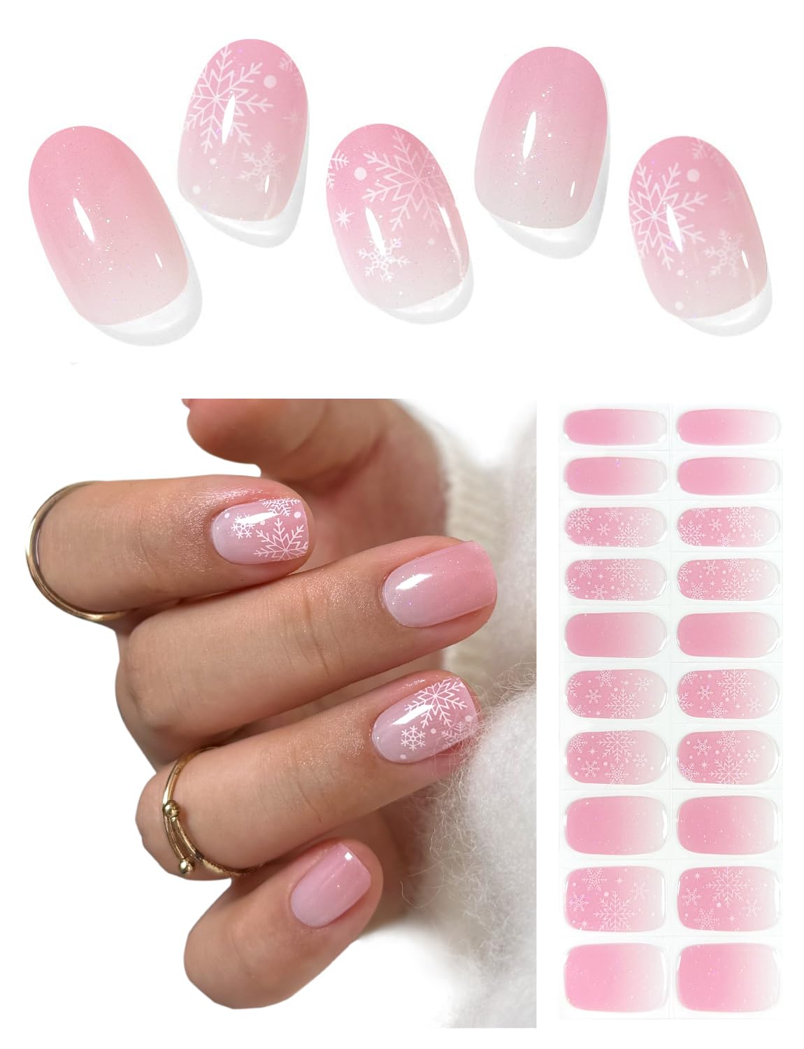 AutyaMee Semi Cured Gel Nail Strips (Pink Snowflake), 20 Pcs Christmas Gel Nail Wraps, Stickers, Salon Quality, Long Lasting, Works with Any UV Lamps
