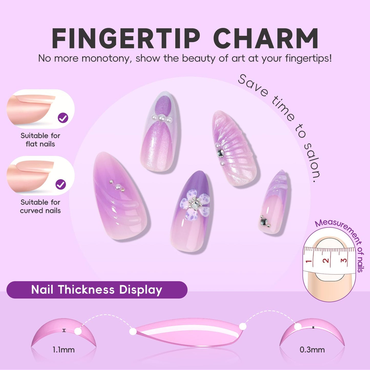HOSAILY Purple Flower Press on Nails Medium Almond, 3D Spring Summer Floral Rhinestone Pearl Fake False Nails for Women, 24Pcs Glossy Full Cover Stick on Purple French Tip Nails with Glue