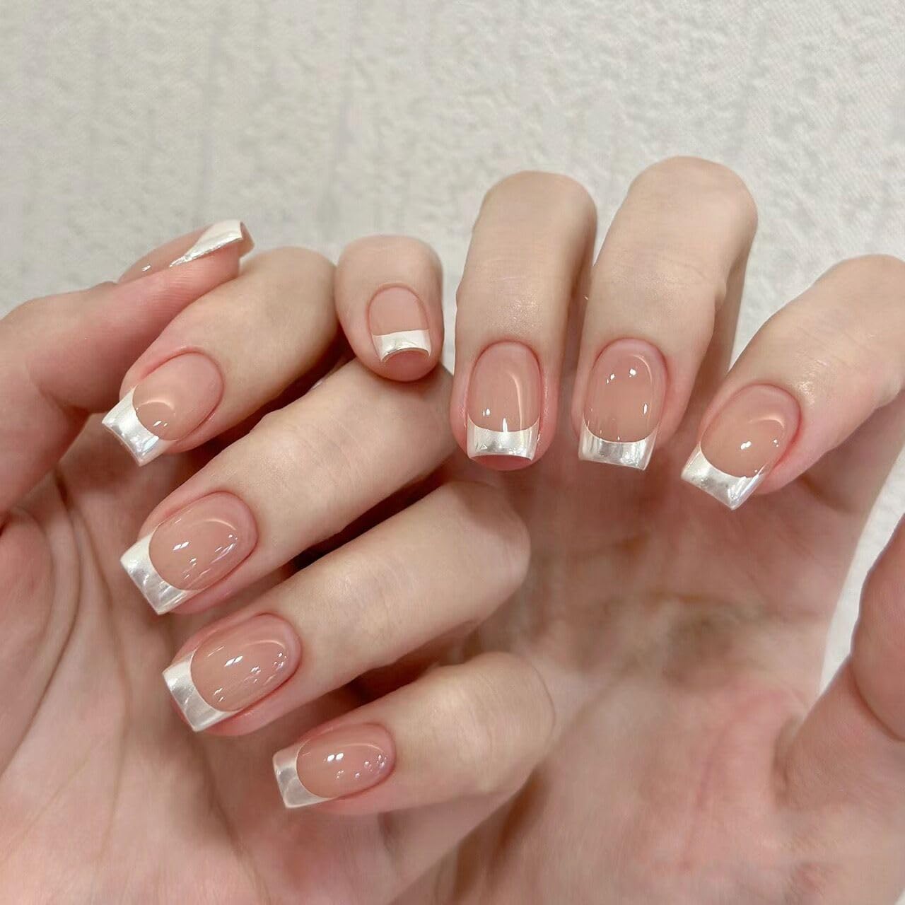 CTTHNBD Press on Nails Square - Short Fake Nails with Silver French Design - Nude False Nails Glossy Stick on - for Women 24 Pcs