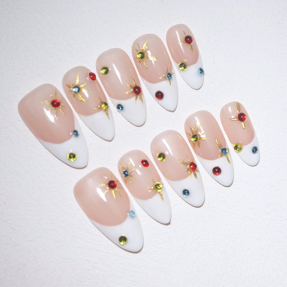 10PCS Luxury Handmade Press On Nails Nude Gradient Cat's Eye with Pearl Bow & Sparkling Rhinestones for Wedding & Party Reusable Almond Fake Nails Design Gift For Women and Girls (L05, M)